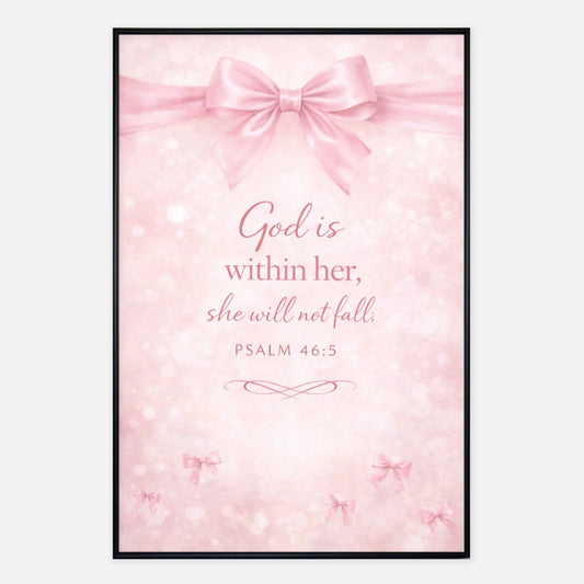 Framed pink poster with a bow and Bible verse on a light pink background
